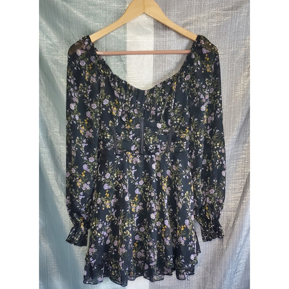 Allison Kelly Black Ditzy Floral Long Sleeve Sweetheart Neckline Mini Dress XS